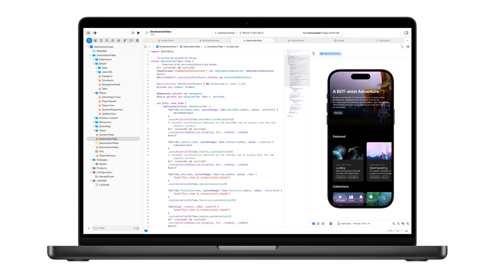 Una Mac abierta muestra carpetas y líneas de código en la app Swift.