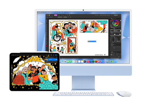 Se muestra una ilustración divertida y colorida en la pantalla de un iPad y en una computadora de escritorio iMac con macOS Tahoe. En la iMac, hay una app de diseño con la misma ilustración.
