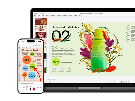 Una Mac y un iPhone muestran diferentes secciones de una presentación colorida y llamativa sobre un producto para el cuidado de la piel.