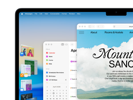 Se muestran varias ventanas y apps en una pantalla con Organizador Visual, como Keynote, Pages, Mail y un sitio web, con macOS Tahoe en el fondo.