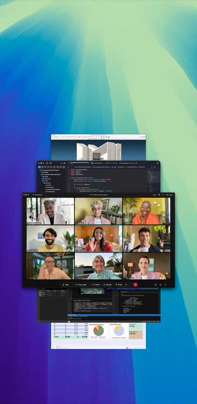 Se muestran varias pantallas de apps en macOS Tahoe, incluida una reunión virtual en Webex con personas sonrientes.