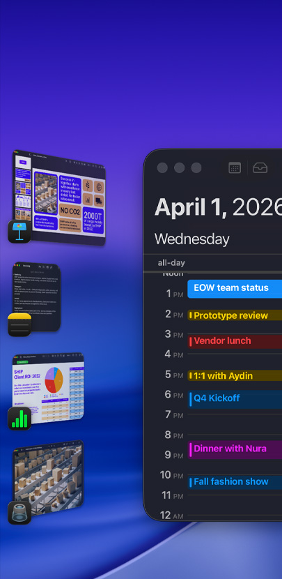 Diferentes apps de iOS en una computadora de escritorio con Organizador Visual, entre las que destaca la app Calendario, que incluye un cronograma.