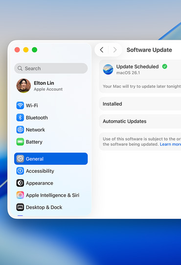 La pantalla de una Mac muestra una actualización de software programada en Configuración del Sistema