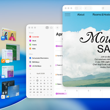 Auf einem Display werden mehrere Fenster und Apps angezeigt, darunter Keynote, Pages, Mail und eine Website mit Inhalten über einen ruhigen Rückzugsort.