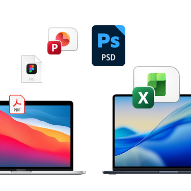 Vorderansicht von zwei MacBooks nebeneinander mit Schreibtischhintergründen in unterschiedlichen Farben. Dateisymbole werden in einem Bogen über den beiden MacBooks angezeigt, darunter eine Acrobat Datei, eine QuickBooks Datei, eine PowerPoint Datei, eine Photoshop Datei und eine Excel Datei.