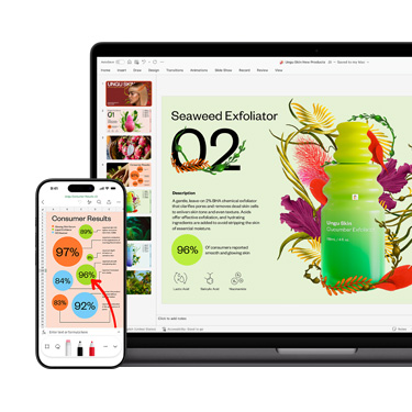 Vorderansicht von einem Mac und einem iPhone, die verschiedene Abschnitte der gleichen Präsentation in lebendigen Farben zu einem Hautpflegeprodukt zeigen.