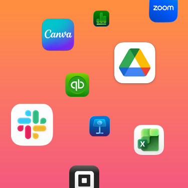 Symbole von Produktivitäts-Apps wie Slack, Canva, Google Workspace, Zoom, QuickBooks, Keynote, Excel, Square und Numbers vor einem farbigen Hintergrund.
