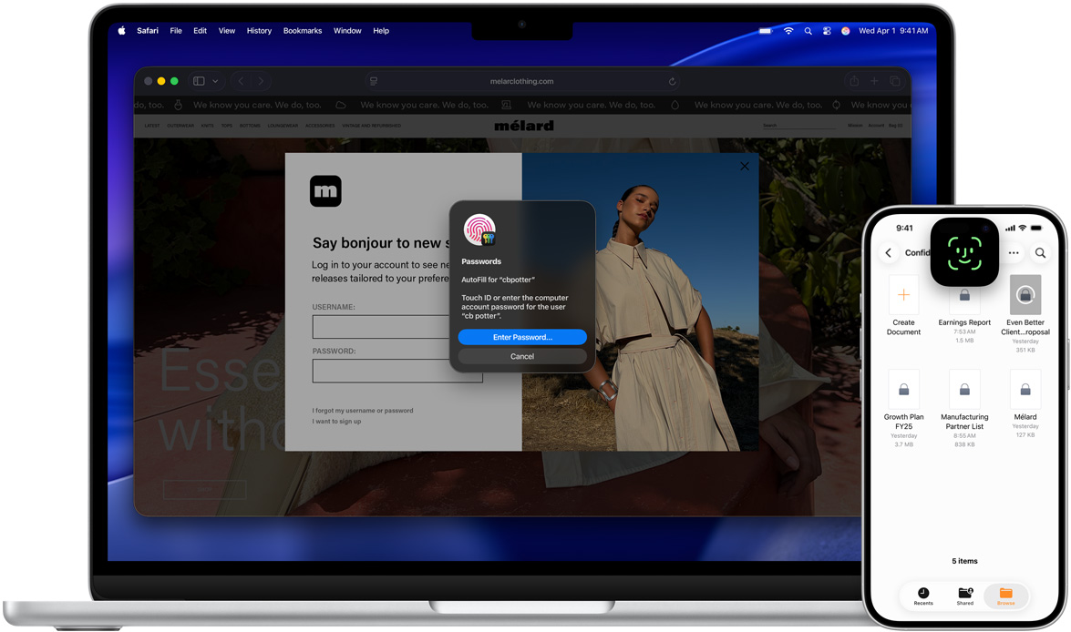 MacBook mit Touch ID Fenster und macOS Tahoe Hintergrundbild. Vor dem MacBook ist ein iPhone mit Face ID auf dem Display.