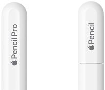 Apple Pencil Pro, yuvarlatılmış uç kısmındaki lazer baskıda Apple Pencil Pro yazıyor, Apple Pencil USB‑C, kapaktaki lazer baskıda Apple Pencil yazıyor.