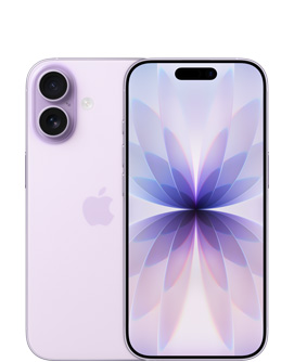 Lavanta rengi iPhone 17’nin arkadan dış görünümü, sol üstte Dual Fusion kamera sistemi, ortada Apple logosu, lavanta rengi iPhone 17’nin önden dış görünümü, Dynamic Island tepede ortalanmış