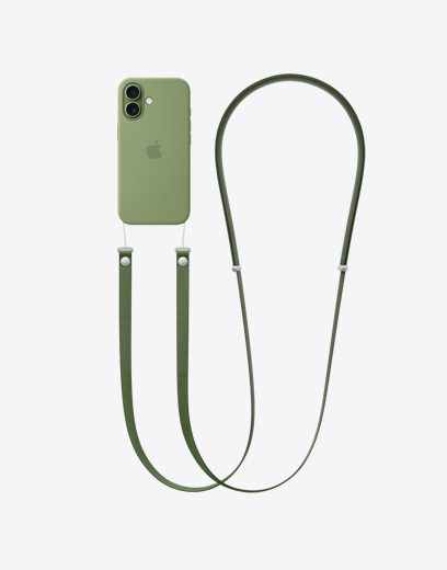 iPhone 17, vỏ ngoài mặt sau, được gắn ốp đệm màu xanh lá xô thơm gắn kèm Dây Đeo Chéo màu vàng dạ quang