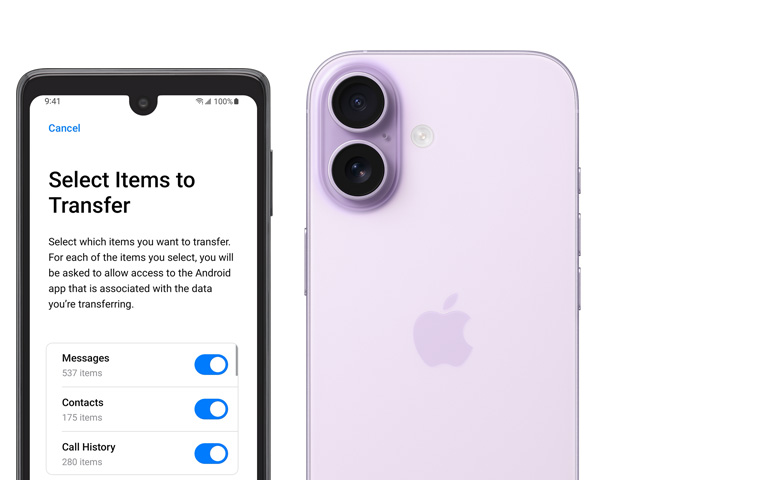 裝置並排擺放，Android 螢幕展示「轉移至 iOS」app；iPhone 17 機身背面，先進的雙相機系統位於左上角。