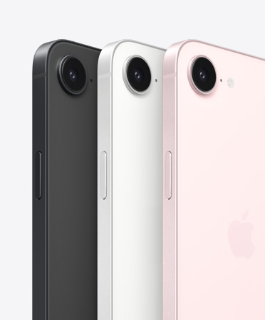 iPhone 17e, vỏ ngoài mặt bên và mặt sau, màu đen, vỏ ngoài mặt bên và mặt sau, màu trắng, vỏ ngoài mặt bên và mặt sau, màu hồng phai, camera Fusion ở phía trên cùng, nút sườn