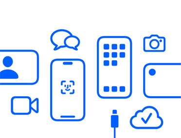 眾多 Apple 裝置與功能特色，包括 iCloud、具備 Face&nbsp;ID 的 iPhone，以及充電連接線、相機、傳訊功能、訊息 app