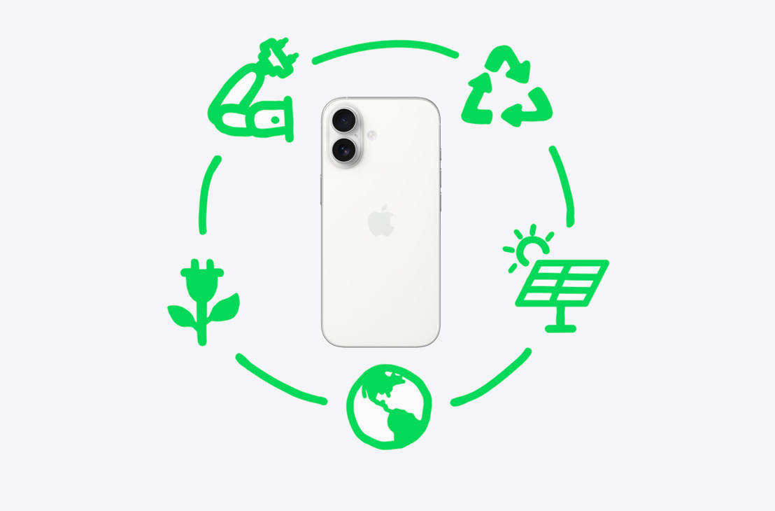Vaizdas, kuriame parodyti „Apple“ veiksmai medžiagoms perdirbti ir panaudoti pakartotinai, įskaitant projektavimo ir tiekimo, gamybos, pakavimo ir transportavimo bei surinkimo etapus, įtraukiantis miglos spalvos korpuso „iPhone 17“, nugarėlė.