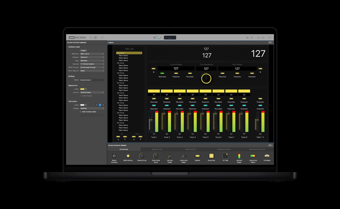 MacBook Pro 16, screen showing Logic Pro workspace with layout, screen control inspector to the left, and screen controls palette at the bottom