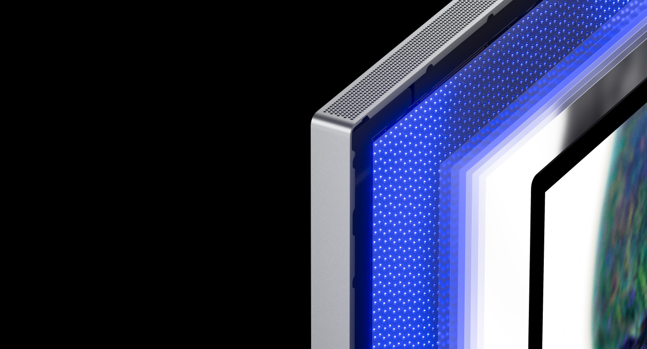 Galeria destacando os recursos do Studio Display XDR, como retroiluminação por miniLED, brilho e contraste, Sincronização Adaptativa e conectividade