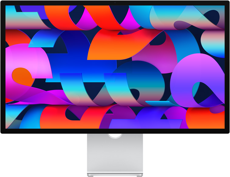 Parte da frente do Studio Display com papel de parede colorido semelhante a uma fita
