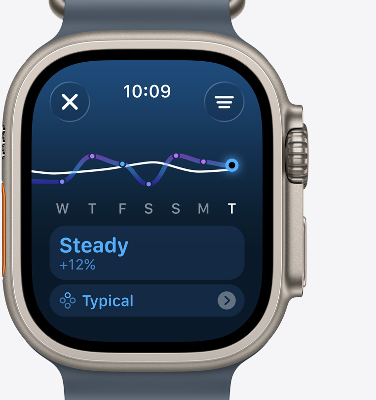 Apple Watch Ultra 3, titanium case, natural color, training load screen indicates steady increase in training